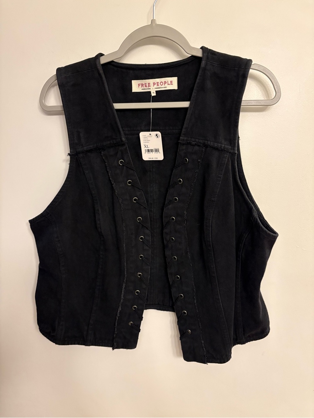 Free People Black Faux Lace-Up Cotton Vest NWT XL